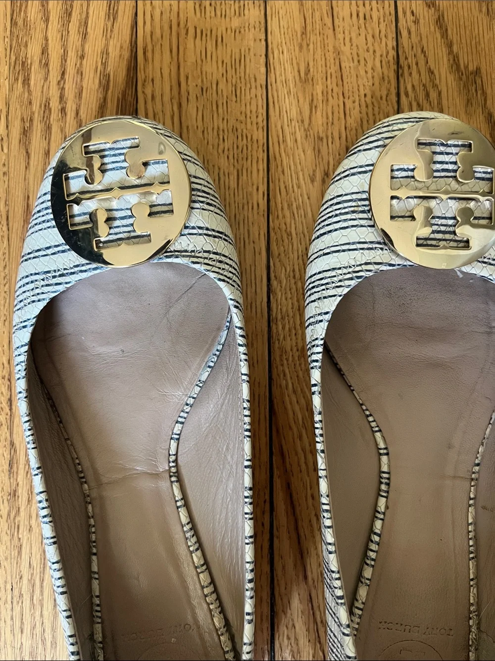 Tory Burch Cream and Navy Striped Logo Circle Toe Flats